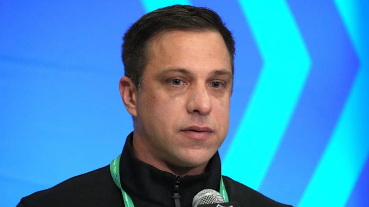 Feb 27, 2024; Indianapolis, IN, USA; Kansas City Chiefs general manager Brett Veach speaks during a press conference at the NFL Scouting Combine at Indiana Convention Center. Mandatory Credit: Kirby Lee-Imagn Images