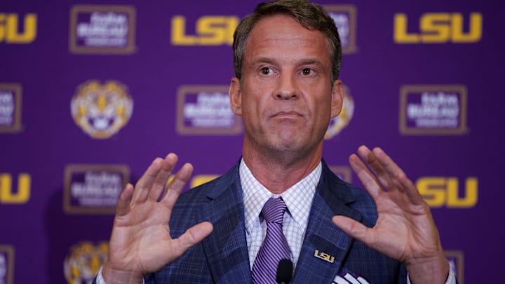 Dec 1, 2025; Baton Rouge, LA, USA; LSU new head coach Lane Kiffin speaks at South Stadium Club at Tiger Stadium. Mandatory Credit: Matthew Hinton-Imagn Images