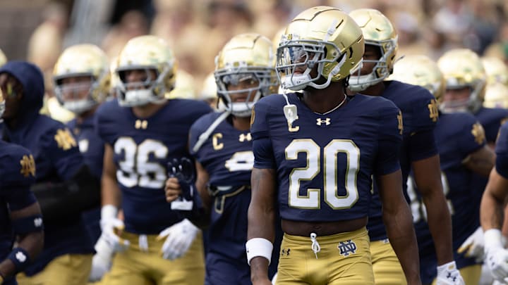 Notre Dame cornerback Benjamin Morrison walks with his team during warm ups before a game against Northern Illinois.