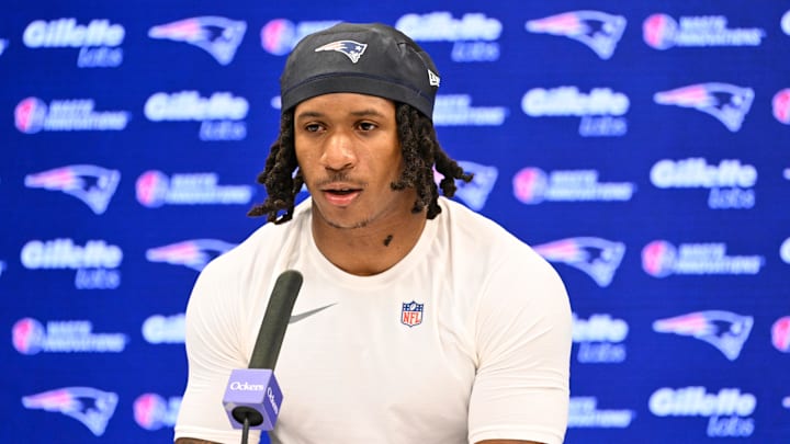 May 9, 2025; Foxborough, MA, USA; New England Patriots wide receiver Kyle Williams (18) speaks to the media after rookie camp at Gillette Stadium. Mandatory Credit: Eric Canha-Imagn Images