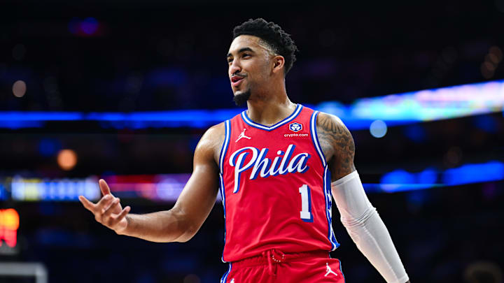 Dec 20, 2024; Philadelphia, Pennsylvania, USA; Philadelphia 76ers forward KJ Martin (1) reacts against the Charlotte Hornets in the first quarter at Wells Fargo Center. Mandatory Credit: Kyle Ross-Imagn Images
