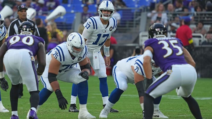 Aug 7, 2025; Baltimore, Maryland, USA; Indianapolis Colts quarterback Daniel Jones (17) runs the offense during the first quarter against the Baltimore Ravens at M&T Bank Stadium. Mandatory Credit: Mitch Stringer-Imagn Images Aug 7, 2025; Baltimore, Maryland, USA; Indianapolis Colts quarterback Daniel Jones (17) runs the offense during the first quarter against the Baltimore Ravens at M&T Bank Stadium. Mandatory Credit: Mitch Stringer-Imagn Images