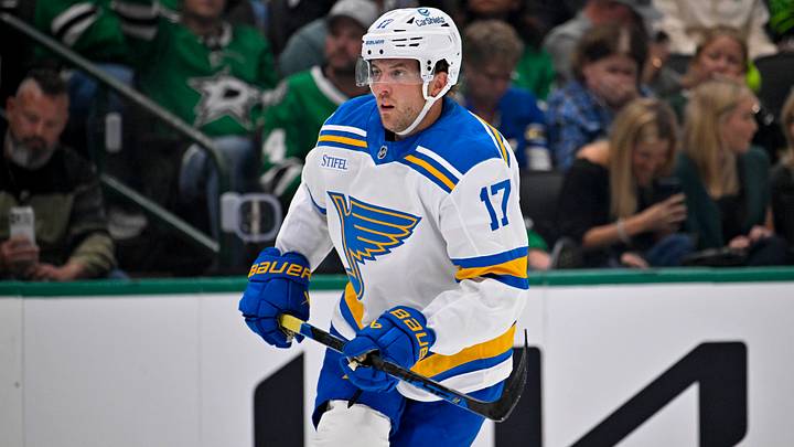 Oct 2, 2026; Dallas, Texas, USA; St. Louis Blues defenseman Cam Fowler (17) skates against the Dallas Stars during the game at the American Airlines Center. Mandatory Credit: Jerome Miron-Imagn Images
