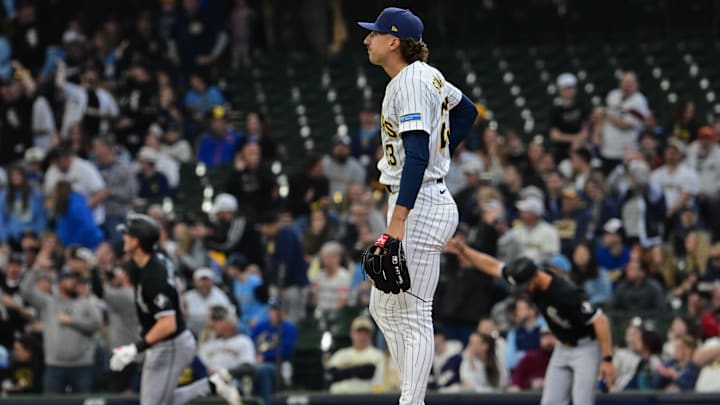 Mar 29, 2026; Milwaukee, Wisconsin, USA; Milwaukee Brewers starting pitcher Brandon Sproat (23) watches after giving up a grand slam home run to Chicago White Sox shortstop Colson Montgomery (12) in the first inning at American Family Field. Mandatory Credit: Benny Sieu-Imagn Images