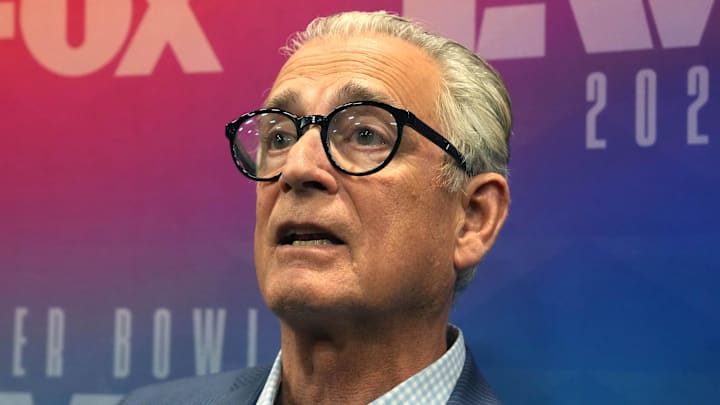 Feb 7, 2023; Phoenix, AZ, USA; Mike Pereira at Fox Sports media day at the Phoenix Convention Center. Mandatory Credit: Kirby Lee-Imagn Images