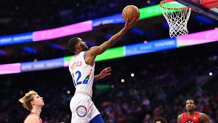 Feb 11, 2025; Philadelphia, Pennsylvania, USA; Philadelphia 76ers guard Jared Butler (12) drives to shoot against the Toronto Raptors in the second quarter at Wells Fargo Center. Mandatory Credit: Kyle Ross-Imagn Images Feb 11, 2025; Philadelphia, Pennsylvania, USA; Philadelphia 76ers guard Jared Butler (12) drives to shoot against the Toronto Raptors in the second quarter at Wells Fargo Center. Mandatory Credit: Kyle Ross-Imagn Images