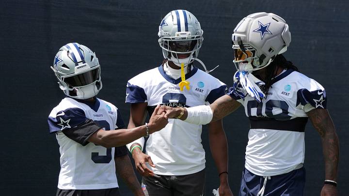 Dallas Cowboys receivers Kavontae Turpin, George Pickens and CeeDee Lamb at training camp at River Ridge Playing Fields. Dallas Cowboys receivers Kavontae Turpin, George Pickens and CeeDee Lamb at training camp at River Ridge Playing Fields.