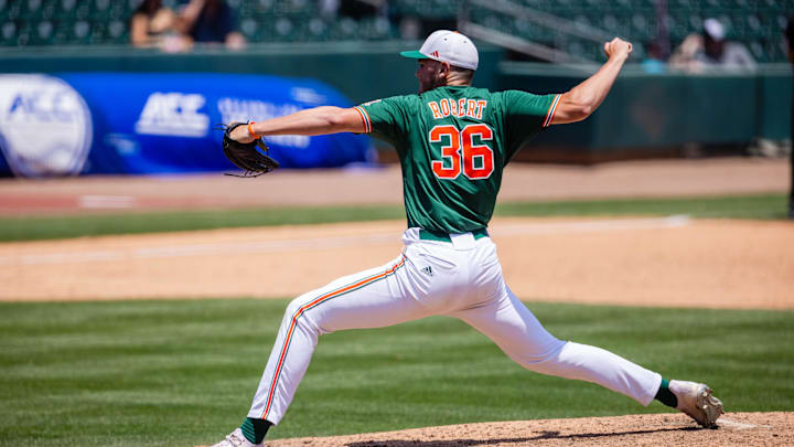May 23, 2024; Charlotte, NC, USA; Miami (Fl) Hurricanes pitcher Nick Robert (36) comes in as relief in the seventh inning against the Clemson Tigers during the ACC Baseball Tournament at Truist Field. Mandatory Credit: Scott Kinser-Imagn Images