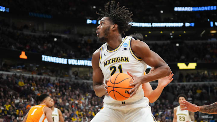 Mar 29, 2026; Chicago, IL, USA; Michigan Wolverines forward Morez Johnson Jr. (21) looks to shoot in the first half against the Tennessee Volunteers during an Elite Eight game of the Midwest Regional of the men's 2026 NCAA Tournament at United Center. Mar 29, 2026; Chicago, IL, USA; Michigan Wolverines forward Morez Johnson Jr. (21) looks to shoot in the first half against the Tennessee Volunteers during an Elite Eight game of the Midwest Regional of the men's 2026 NCAA Tournament at United Center.