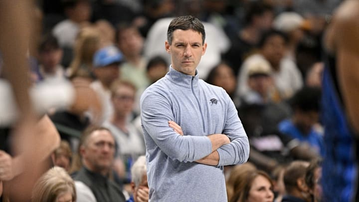 Mar 1, 2026; Dallas, Texas, USA; Oklahoma City Thunder head coach Mark Daigneault looks on during the second quarter against the Dallas Mavericks at the American Airlines Center. Mandatory Credit: Jerome Miron-Imagn Images