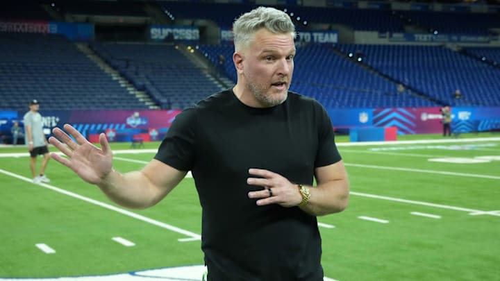 Feb 27, 2025; Indianapolis, IN, USA; Pat McAfee watches during workouts at the 2025 NFL Scouting Combine at Lucas Oil Stadium. Feb 27, 2025; Indianapolis, IN, USA; Pat McAfee watches during workouts at the 2025 NFL Scouting Combine at Lucas Oil Stadium.