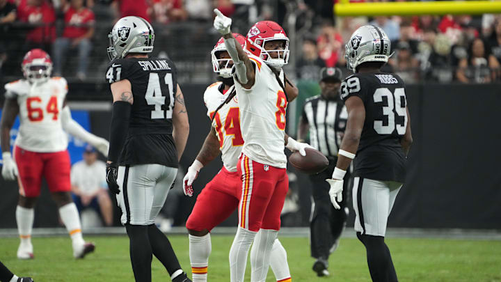 Oct 27, 2024; Paradise, Nevada, USA; Kansas City Chiefs wide receiver DeAndre Hopkins (8) gestures after a first down against the Las Vegas Raiders in the first half at Allegiant Stadium. Mandatory Credit: Kirby Lee-Imagn Images