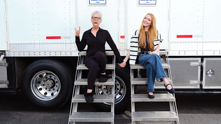 (L-R): Jamie Lee Curtis and Lindsay Lohan on the set of the sequel to "Freaky Friday". Photo by Andrew Eccles. © 2024 Disney Enterprises, Inc. All Rights Reserved.