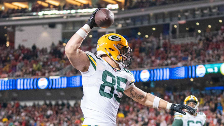 January 20, 2024; Santa Clara, CA, USA; Green Bay Packers tight end Tucker Kraft (85) celebrates after scoring a touchdown against the San Francisco 49ers during the third quarter in a 2024 NFC divisional round game at Levi's Stadium. Mandatory Credit: Kyle Terada-USA TODAY Sports
