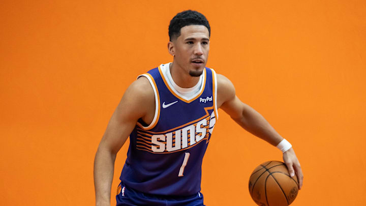 Sep 24, 2025; Phoenix, AZ, USA; Phoenix Suns guard Devin Booker (1) poses for portrait during Media Day at PHX Arena. Mandatory Credit: Mark J. Rebilas-Imagn Images