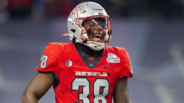 UNLV Rebels linebacker Marsel McDuffie (38) against the Kansas Jayhawks in the Guaranteed Rate Bowl at Chase Field. Mandatory Credit: Mark J. Rebilas-USA TODAY Sports