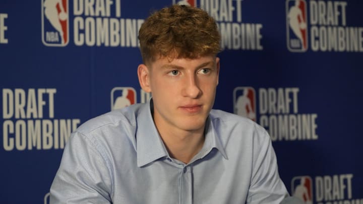 May 14, 2025; Chicago, Il, USA; Kasparas Jakucionis talks to the media during the 2025 NBA Draft Combine at Marriott Marquis Chicago. Mandatory Credit: David Banks-Imagn Images