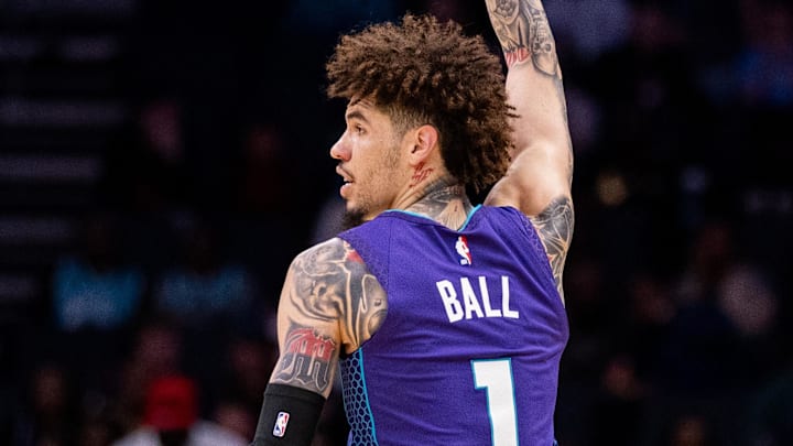 Mar 1, 2025; Charlotte, North Carolina, USA; Charlotte Hornets guard LaMelo Ball (1) celebrates during the second quarter against the Washington Wizards at Spectrum Center. Mandatory Credit: Scott Kinser-Imagn Images Mar 1, 2025; Charlotte, North Carolina, USA; Charlotte Hornets guard LaMelo Ball (1) celebrates during the second quarter against the Washington Wizards at Spectrum Center. Mandatory Credit: Scott Kinser-Imagn Images