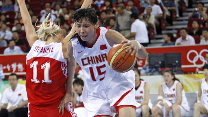 Aug 23, 2008; Beijing, CHINA; China center Chen Nan (15) drives around Russia center Maria Stepanova (11) during the womens basketball bronze medal basketball game at the Beijing Olympic Basketball Gymnasium during the 2008 Beijing Olympic Games. Russia defeated China to win the bronze medal. Mandatory Credit: Jerry Lai-Imagn Images Aug 23, 2008; Beijing, CHINA; China center Chen Nan (15) drives around Russia center Maria Stepanova (11) during the womens basketball bronze medal basketball game at the Beijing Olympic Basketball Gymnasium during the 2008 Beijing Olympic Games. Russia defeated China to win the bronze medal. Mandatory Credit: Jerry Lai-Imagn Images