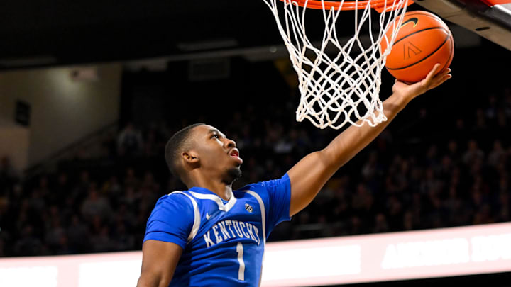 Jan 25, 2025; Nashville, Tennessee, USA;  Kentucky Wildcats guard Lamont Butler (1) lays the ball in  against the Vanderbilt Commodores during the second half at Memorial Gymnasium. Mandatory Credit: Steve Roberts-Imagn Images