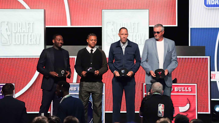 May 10, 2026; Chicago, IL, USA; Washington Wizards former player John Wall, Utah Jazz former player Keynote George, Memphis Grizzlies former player Tayshaun Prince and Chicago Bulls former player Toni Kukoc pose for a photo during the 2026 NBA Draft Lottery at Navy Pier. Mandatory Credit: David Banks-Imagn Images May 10, 2026; Chicago, IL, USA; Washington Wizards former player John Wall, Utah Jazz former player Keynote George, Memphis Grizzlies former player Tayshaun Prince and Chicago Bulls former player Toni Kukoc pose for a photo during the 2026 NBA Draft Lottery at Navy Pier. Mandatory Credit: David Banks-Imagn Images