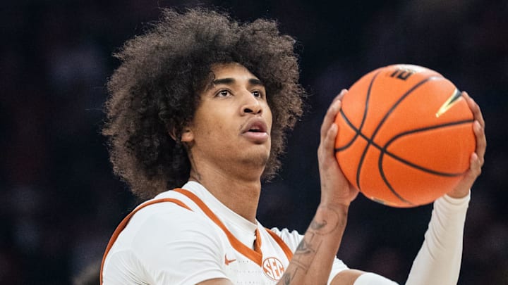 Texas Longhorns forward Devon Pryor (22) shoots a free throw as the Longhorns take on Mizzou at the Moody Center on Jan. 21, 2025. Texas Longhorns forward Devon Pryor (22) shoots a free throw as the Longhorns take on Mizzou at the Moody Center on Jan. 21, 2025.