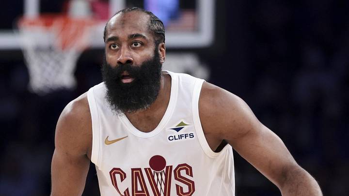 May 21, 2026; New York, New York, USA; Cleveland Cavaliers guard James Harden (1) controls the ball against the New York Knicks during the second quarter of game two of the eastern conference finals of the 2026 NBA playoffs at Madison Square Garden. Mandatory Credit: Vincent Carchietta-Imagn Images