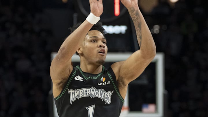 Apr 30, 2026; Minneapolis, Minnesota, USA; Minnesota Timberwolves guard Terrence Shannon Jr. (1) shoots the ball against the Denver Nuggets in the first half during game six of the first round of the 2026 NBA Playoffs at Target Center. Mandatory Credit: Jesse Johnson-Imagn Images