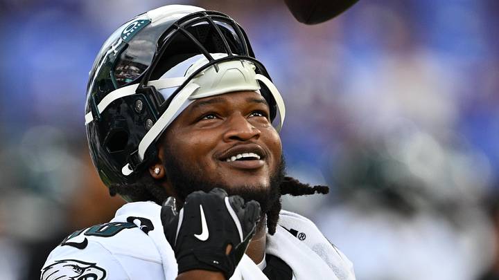 Aug 15, 2026; Baltimore, Maryland, USA;  Philadelphia Eagles defensive tackle Jalen Carter (98) warms up before a preseason game against the Baltimore Ravens at M&T Bank Stadium. Mandatory Credit: Jamie Sabau-Imagn Images
