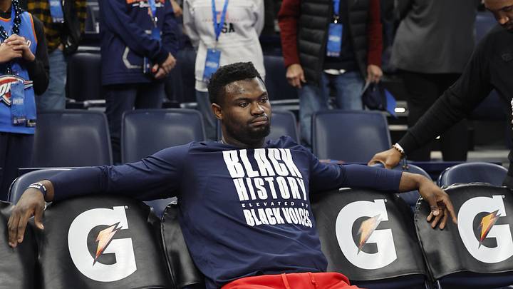 Feb 10, 2025; Oklahoma City, Oklahoma, USA; New Orleans Pelicans forward Zion Williamson (1) sits on the bench before the start of a game against the Oklahoma City Thunder at Paycom Center. Mandatory Credit: Alonzo Adams-Imagn Images Feb 10, 2025; Oklahoma City, Oklahoma, USA; New Orleans Pelicans forward Zion Williamson (1) sits on the bench before the start of a game against the Oklahoma City Thunder at Paycom Center. Mandatory Credit: Alonzo Adams-Imagn Images