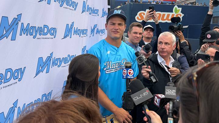 New England Patriots quarterback Drake Maye speaks to the media ahead of his first charity softball event at Polar Park.