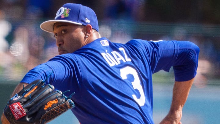 Feb 28, 2026; Phoenix, Arizona, USA; Los Angeles Dodgers pitcher Edwin Diaz (3) on the mound to pitch in the third inning of a spring training game against the Chicago Cub at Camelback Ranch-Glendale. Mandatory Credit: Allan Henry-Imagn Images
