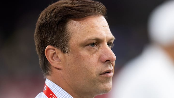Aug 9, 2025; Glendale, Arizona, USA; Kansas City Chiefs general manager Brett Veach against the Arizona Cardinals during a preseason NFL game at State Farm Stadium. Mandatory Credit: Mark J. Rebilas-Imagn Images