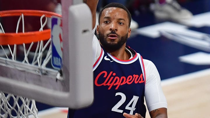 Nov 6, 2024; Inglewood, California, USA; Los Angeles Clippers guard Norman Powell (24) scores a basket against the Philadelphia 76ers during the first half at Intuit Dome. Mandatory Credit: Gary A. Vasquez-Imagn Images