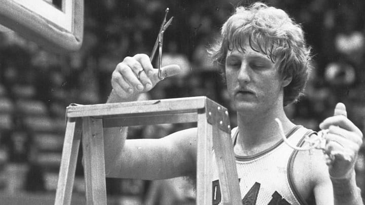 Larry Bird cuts down the net after Indiana State University won the championship game in the Missouri Valley tournament on March 3, 1979. Bird suffered a triple hairline fracture of his left thumb in the game. That year ISU faced Michigan State in the NCAA finals but lost to the Spartans (and Magic Johnson) on March 26,1979,in Salt Lake City.

Bird