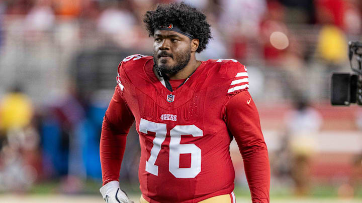 August 19, 2023; Santa Clara, California, USA; San Francisco 49ers guard Jaylon Moore (76) after the game against the Denver Broncos at Levi's Stadium. Mandatory Credit: Kyle Terada-Imagn Images