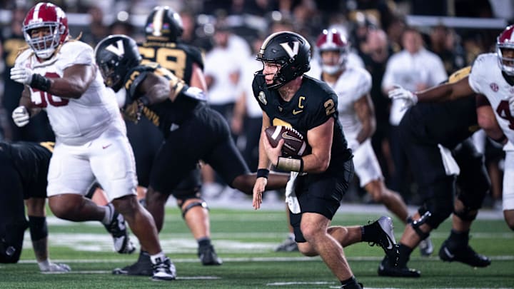 Vanderbilt Commodores quarterback Diego Pavia (2) runs against the Alabama Crimson Tide during their game at Vanderbilt Stadium in Nashville, Tenn., Saturday, Oct. 5, 2024.