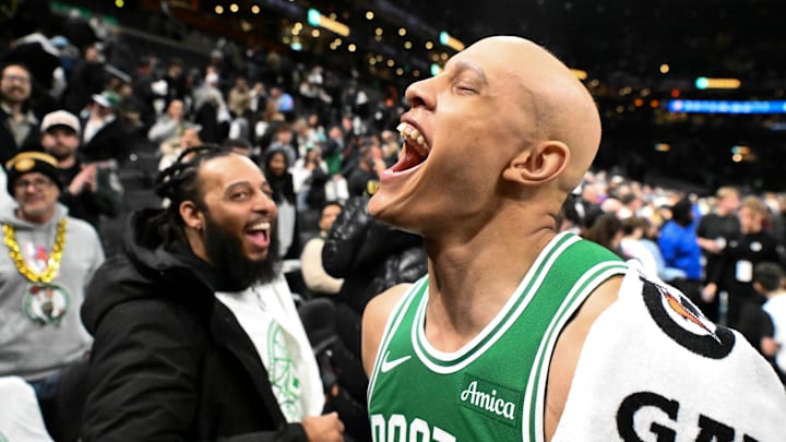 Dec 2, 2025; Boston, Massachusetts, USA; Boston Celtics guard Jordan Walsh (27) reacts while walking off of the court after a game against the New York Knicks at the TD Garden. Mandatory Credit: Brian Fluharty-Imagn Images