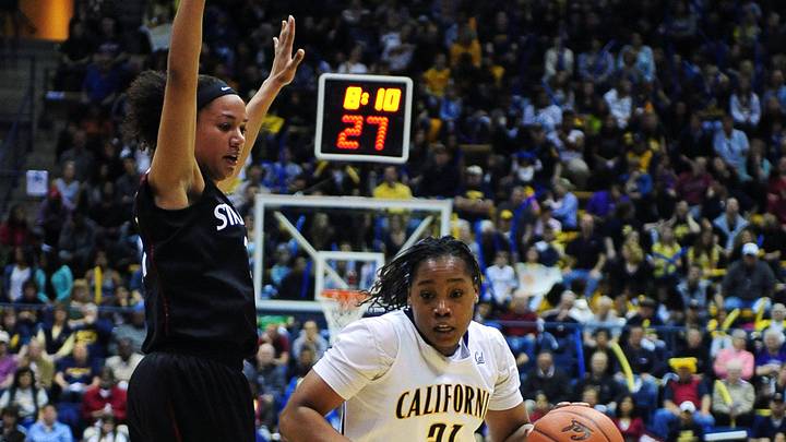 March 6, 2010; Berkeley, CA, USA; California Golden Bears guard Alexis Gray-Lawson (21) dribbles the ball around Stanford Cardinal Rosalyn Gold-Onwude (left) during the first half at Haas Pavilion. Mandatory Credit: Kyle Terada-Imagn Images