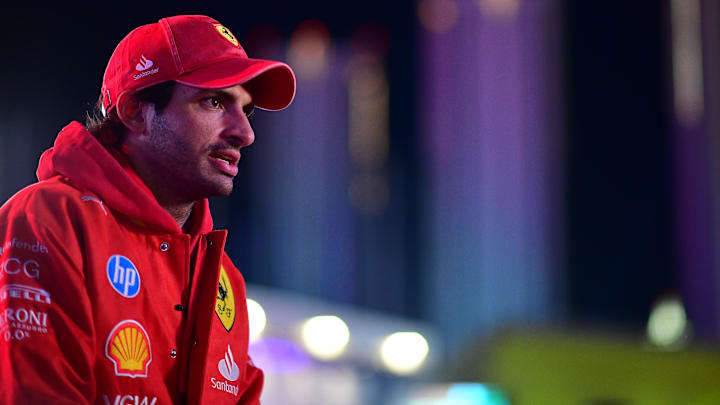 Nov 20, 2024; Las Vegas, Nevada, USA; Scuderia Ferrari driver Carlos Sainz (55) during media availabilities at Las Vegas Circuit. Mandatory Credit: Gary A. Vasquez-Imagn Images