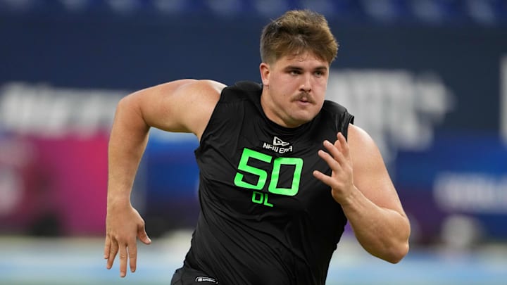 Mar 2, 2025; Indianapolis, IN, USA; North Dakota State offensive lineman Grey Zabel (OL50) during the 2025 NFL Scouting Combine at Lucas Oil Stadium.  