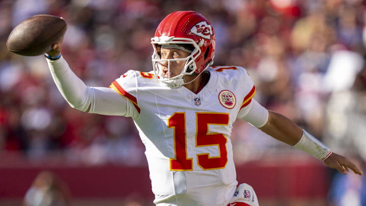 October 20, 2024; Santa Clara, California, USA; Kansas City Chiefs quarterback Patrick Mahomes (15) runs the football against the San Francisco 49ers during the third quarter at Levi's Stadium. Mandatory Credit: Kyle Terada-Imagn Images