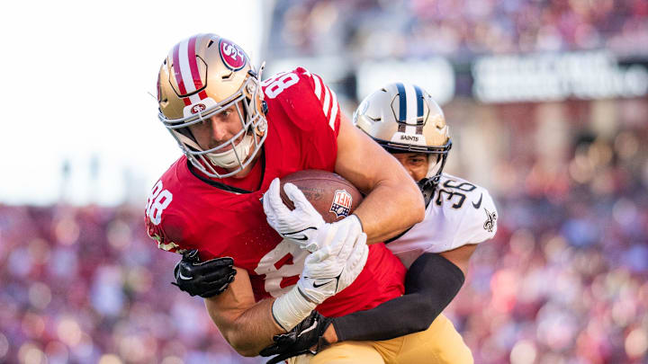 August 18, 2024; Santa Clara, California, USA; San Francisco 49ers tight end Jake Tonges (88) is tackled by New Orleans Saints cornerback Rico Payton (36) during the first quarter at Levi's Stadium. August 18, 2024; Santa Clara, California, USA; San Francisco 49ers tight end Jake Tonges (88) is tackled by New Orleans Saints cornerback Rico Payton (36) during the first quarter at Levi's Stadium.