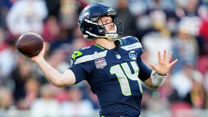 Seahawks quarterback Sam Darnold was 19-of-38 for 202 yards and a touchdown in Seattle's win over New England in Super Bowl LX.
