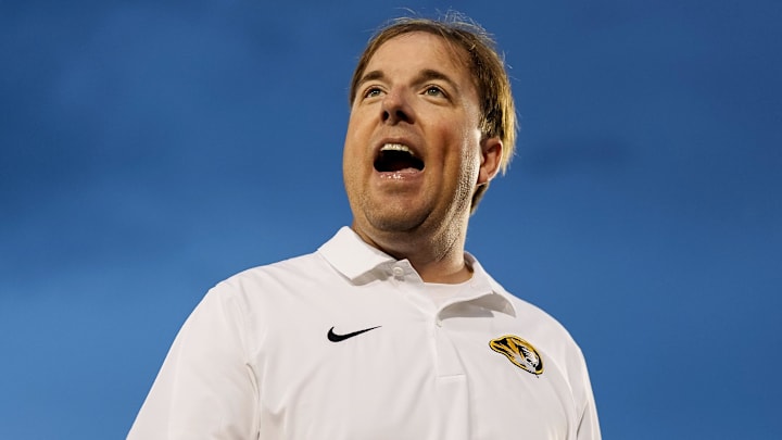 Sep 21, 2024; Columbia, Missouri, USA; Missouri Tigers head coach Eliah Drinkwitz reacts after defeating the Vanderbilt Commodores in double overtime at Faurot Field at Memorial Stadium. Mandatory Credit: Jay Biggerstaff-Imagn Images Sep 21, 2024; Columbia, Missouri, USA; Missouri Tigers head coach Eliah Drinkwitz reacts after defeating the Vanderbilt Commodores in double overtime at Faurot Field at Memorial Stadium. Mandatory Credit: Jay Biggerstaff-Imagn Images