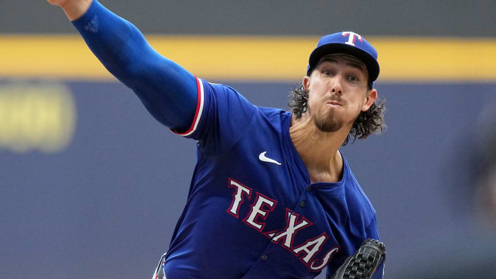 Texas Rangers pitcher Michael Lorenzen (23) throws during the first inning of their game against the Milwaukee Brewers Monday, June 24, 2024 at American Family Field in Milwaukee, Wisconsin.