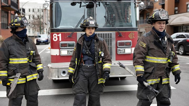 CHICAGO FIRE -- "Funny What Things Remind Us" Episode 904 -- Pictured: (l-r) Alberto Rosende as Blake Gallo, Miranda Rae Mayo as Stella Kidd, Jesse Spencer as Matthew Casey -- (Photo by: Adrian S. Burrows Sr./NBC)