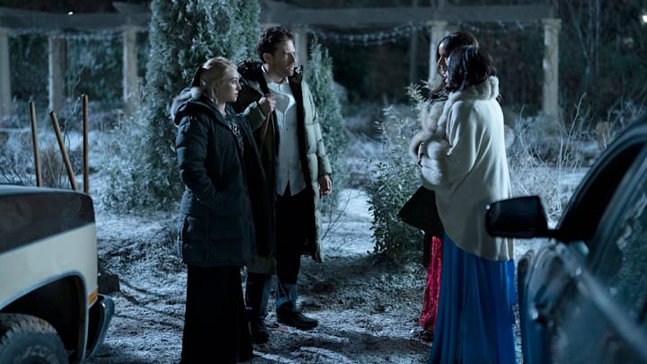 GROSSE POINTE GARDEN SOCIETY -- "Pollination" Episode 105 -- Pictured: (l-r) AnnaSophia Robb as Alice, Ben Rappaport as Brett, Melissa Fumero as Birdie, Aja Naomi King as Catherine -- (Photo by: Daniel Delgado/NBC)