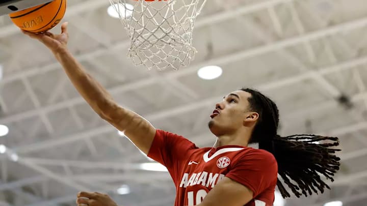 Alabama forward Keitenn Bristow (10) lays the ball up against Furman at Timmons Arena in Greenville, SC on Sunday, Oct 26, 2025.