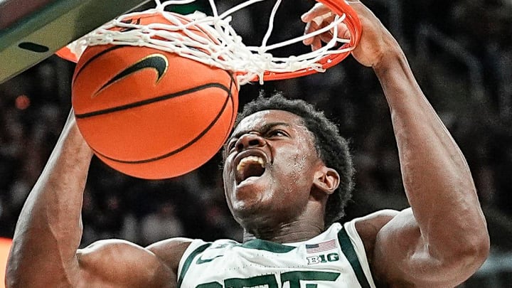 Michigan State forward Coen Carr (55) dunks against Bowling Green during the second half at Breslin Center in East Lansing on Saturday, Nov. 16, 2024. Michigan State forward Coen Carr (55) dunks against Bowling Green during the second half at Breslin Center in East Lansing on Saturday, Nov. 16, 2024.